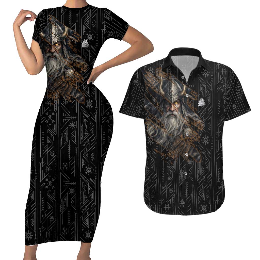 Vikings Odin Couples Matching Short Sleeve Bodycon Dress and Hawaiian Shirt with Viking Runes and Ravens Norse Mythology - Wonder Print Shop