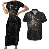 Vikings Odin Couples Matching Short Sleeve Bodycon Dress and Hawaiian Shirt with Viking Runes and Ravens Norse Mythology - Wonder Print Shop