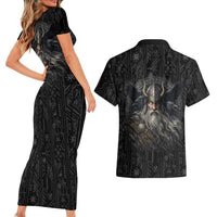 Vikings Odin Couples Matching Short Sleeve Bodycon Dress and Hawaiian Shirt with Viking Runes and Ravens Norse Mythology - Wonder Print Shop