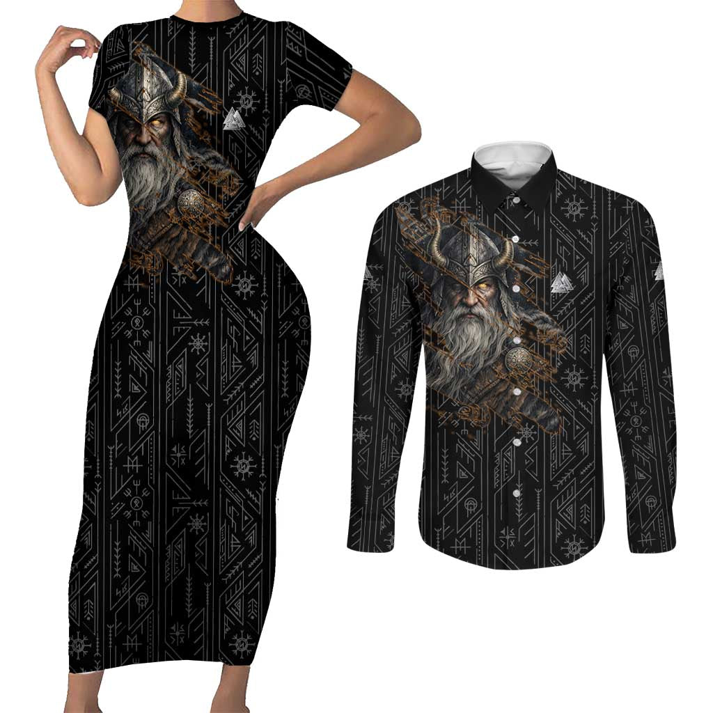Vikings Odin Couples Matching Short Sleeve Bodycon Dress and Long Sleeve Button Shirt with Viking Runes and Ravens Norse Mythology - Wonder Print Shop