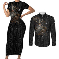 Vikings Odin Couples Matching Short Sleeve Bodycon Dress and Long Sleeve Button Shirt with Viking Runes and Ravens Norse Mythology - Wonder Print Shop