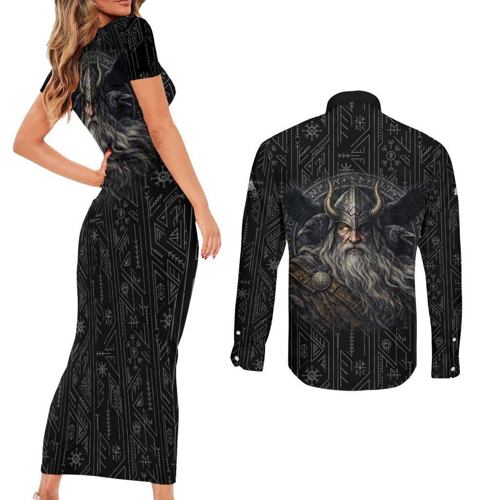 Vikings Odin Couples Matching Short Sleeve Bodycon Dress and Long Sleeve Button Shirt with Viking Runes and Ravens Norse Mythology - Wonder Print Shop
