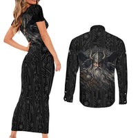 Vikings Odin Couples Matching Short Sleeve Bodycon Dress and Long Sleeve Button Shirt with Viking Runes and Ravens Norse Mythology - Wonder Print Shop
