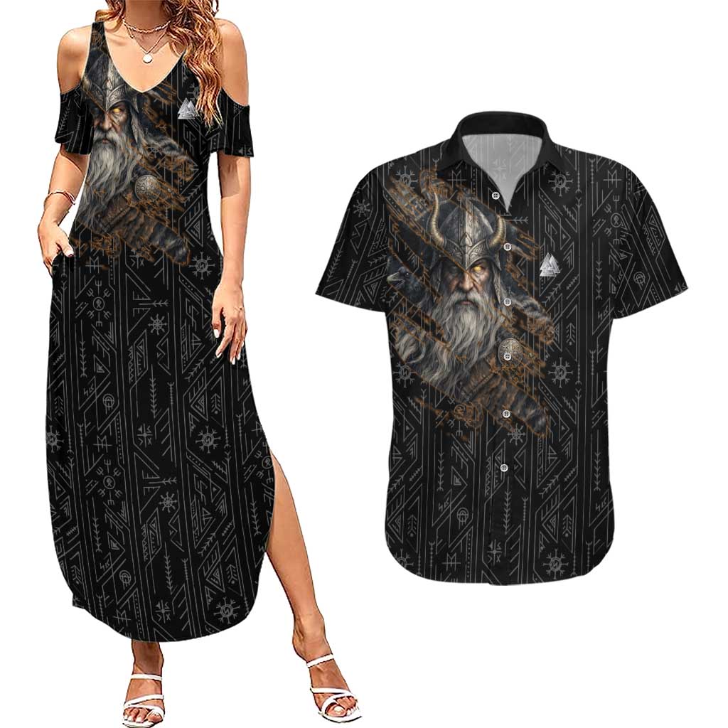 Vikings Odin Couples Matching Summer Maxi Dress and Hawaiian Shirt with Viking Runes and Ravens Norse Mythology - Wonder Print Shop