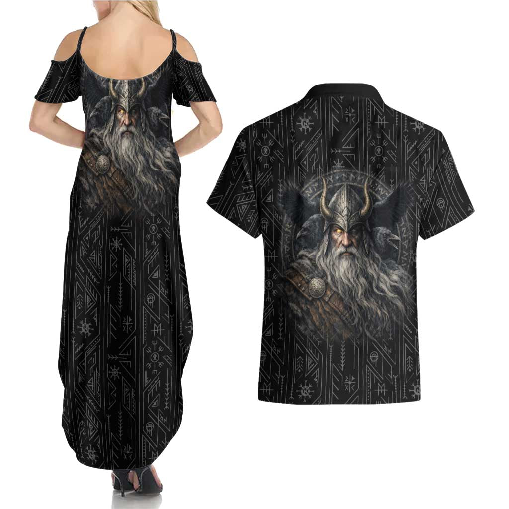 Vikings Odin Couples Matching Summer Maxi Dress and Hawaiian Shirt with Viking Runes and Ravens Norse Mythology - Wonder Print Shop