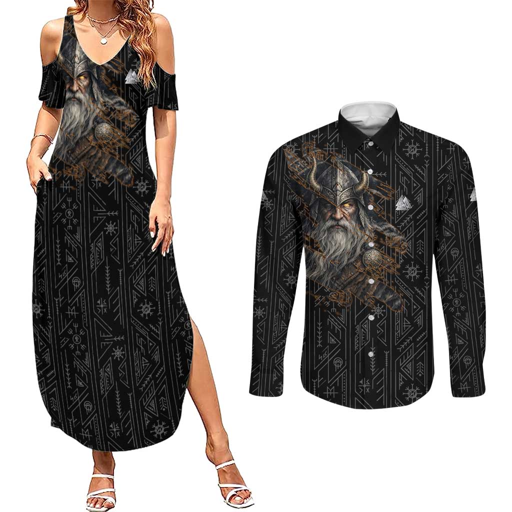 Vikings Odin Couples Matching Summer Maxi Dress and Long Sleeve Button Shirt with Viking Runes and Ravens Norse Mythology - Wonder Print Shop