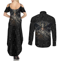 Vikings Odin Couples Matching Summer Maxi Dress and Long Sleeve Button Shirt with Viking Runes and Ravens Norse Mythology - Wonder Print Shop