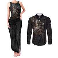 Vikings Odin Couples Matching Tank Maxi Dress and Long Sleeve Button Shirt with Viking Runes and Ravens Norse Mythology - Wonder Print Shop