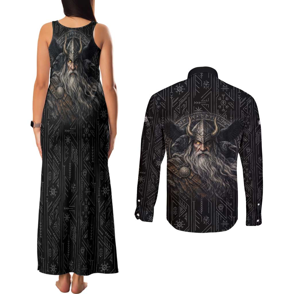 Vikings Odin Couples Matching Tank Maxi Dress and Long Sleeve Button Shirt with Viking Runes and Ravens Norse Mythology - Wonder Print Shop