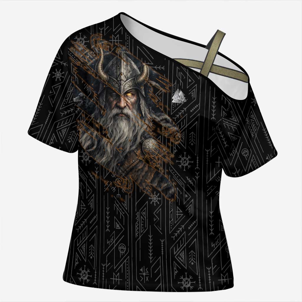 Vikings Odin Cross Shoulder Shirt with Viking Runes and Ravens Norse Mythology - Wonder Print Shop