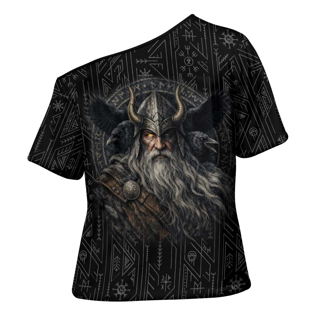 Vikings Odin Cross Shoulder Shirt with Viking Runes and Ravens Norse Mythology - Wonder Print Shop