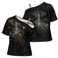 Vikings Odin Cross Shoulder Shirt with Viking Runes and Ravens Norse Mythology - Wonder Print Shop