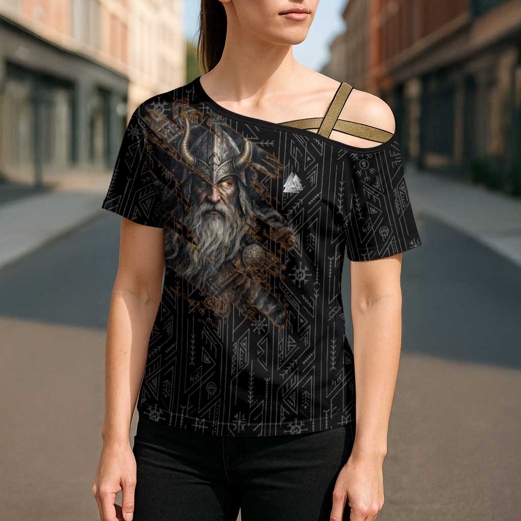Vikings Odin Cross Shoulder Shirt with Viking Runes and Ravens Norse Mythology - Wonder Print Shop