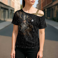 Vikings Odin Cross Shoulder Shirt with Viking Runes and Ravens Norse Mythology - Wonder Print Shop