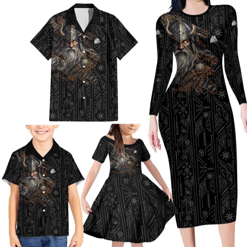 Vikings Odin Family Matching Long Sleeve Bodycon Dress and Hawaiian Shirt with Viking Runes and Ravens Norse Mythology - Wonder Print Shop