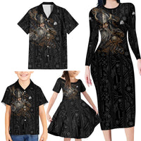 Vikings Odin Family Matching Long Sleeve Bodycon Dress and Hawaiian Shirt with Viking Runes and Ravens Norse Mythology - Wonder Print Shop