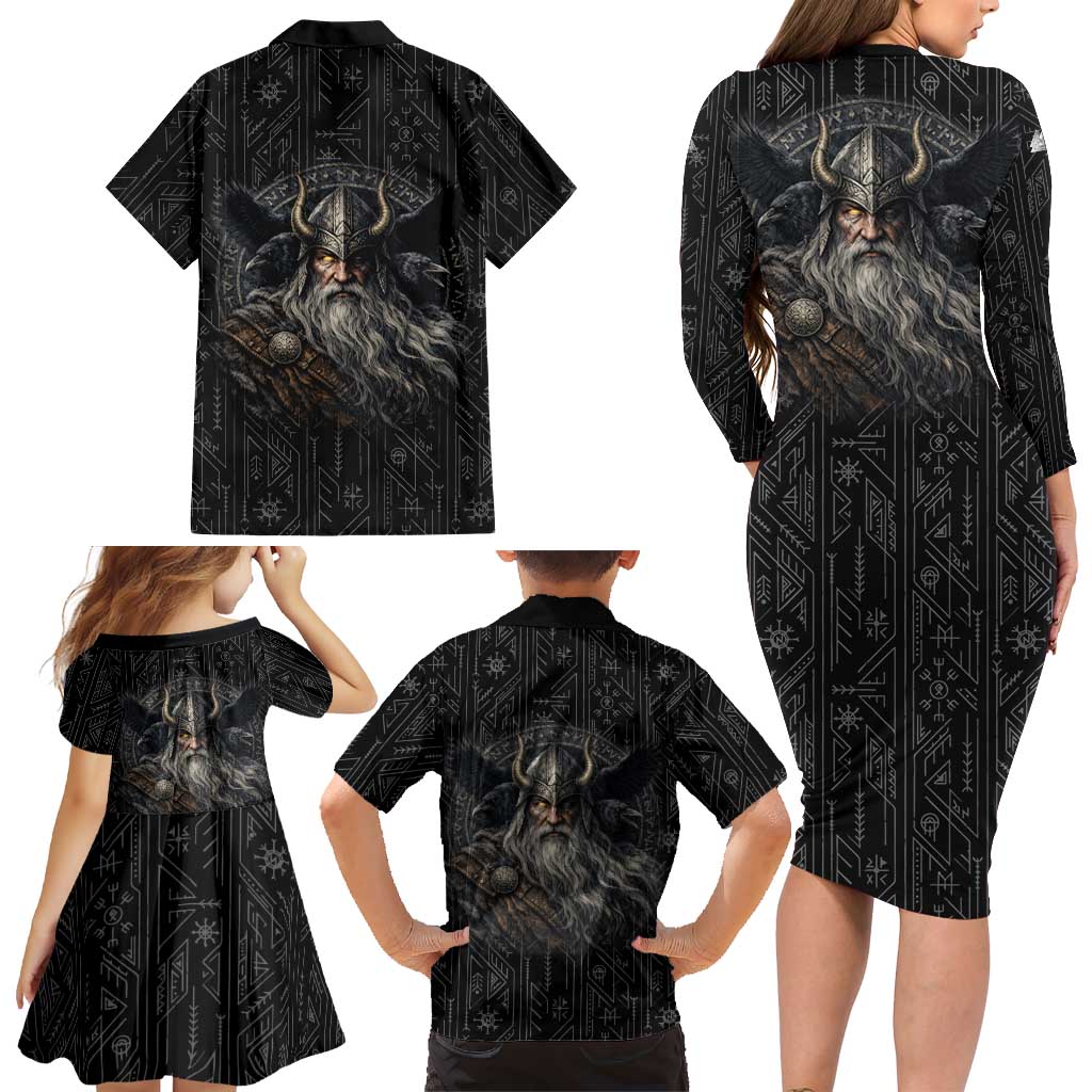 Vikings Odin Family Matching Long Sleeve Bodycon Dress and Hawaiian Shirt with Viking Runes and Ravens Norse Mythology - Wonder Print Shop
