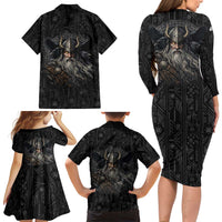 Vikings Odin Family Matching Long Sleeve Bodycon Dress and Hawaiian Shirt with Viking Runes and Ravens Norse Mythology - Wonder Print Shop