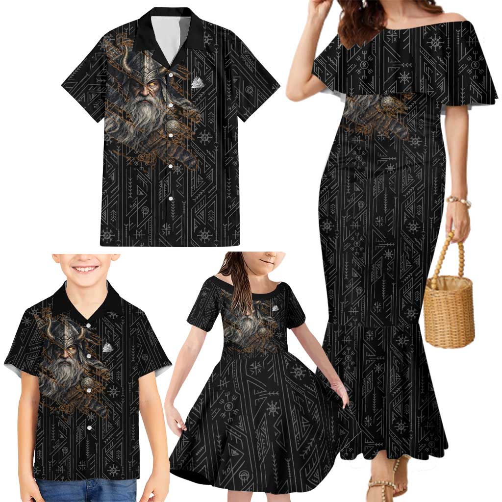 Vikings Odin Family Matching Mermaid Dress and Hawaiian Shirt with Viking Runes and Ravens Norse Mythology - Wonder Print Shop