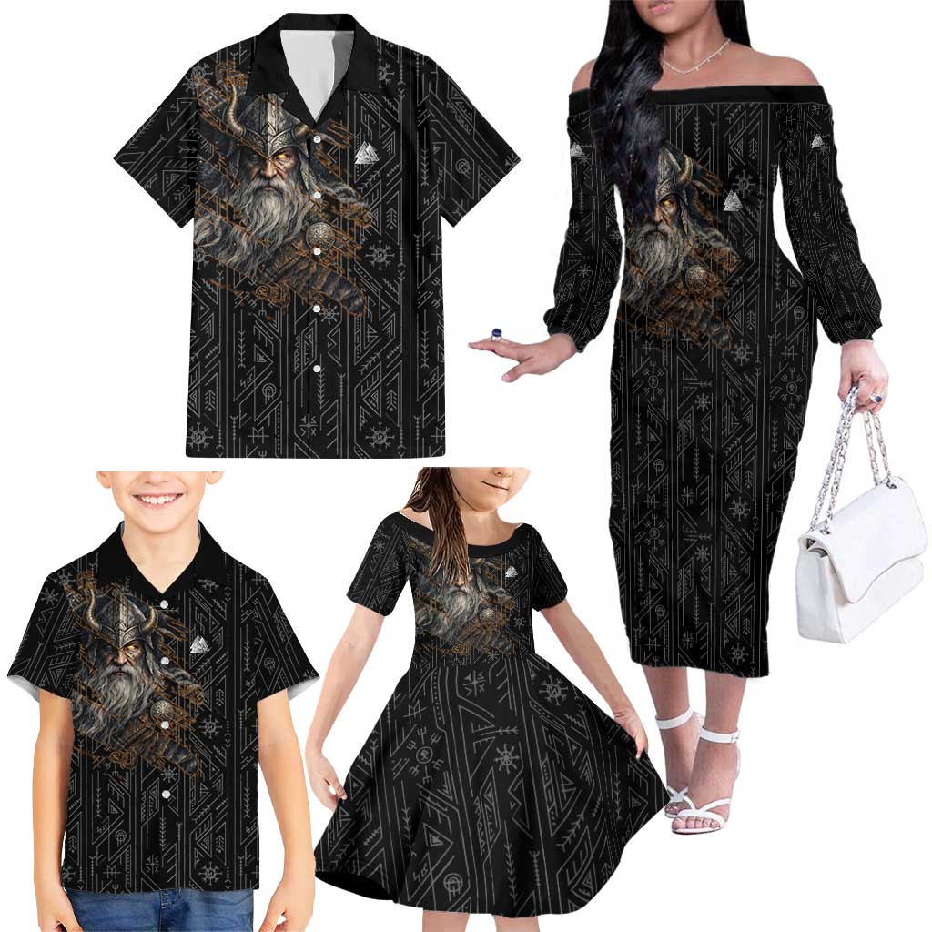 Vikings Odin Family Matching Off The Shoulder Long Sleeve Dress and Hawaiian Shirt with Viking Runes and Ravens Norse Mythology - Wonder Print Shop