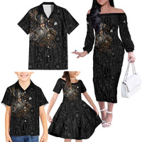 Vikings Odin Family Matching Off The Shoulder Long Sleeve Dress and Hawaiian Shirt with Viking Runes and Ravens Norse Mythology - Wonder Print Shop