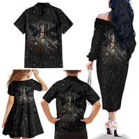 Vikings Odin Family Matching Off The Shoulder Long Sleeve Dress and Hawaiian Shirt with Viking Runes and Ravens Norse Mythology - Wonder Print Shop