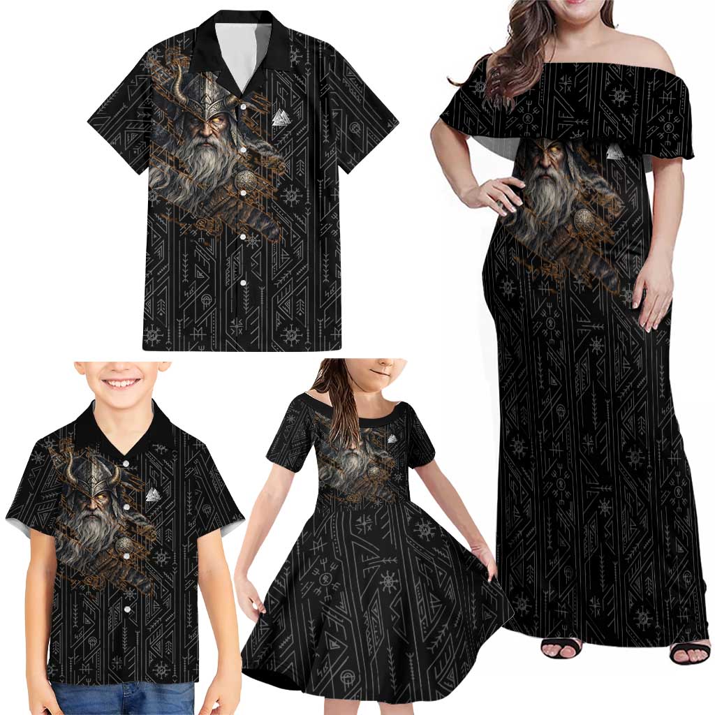 Vikings Odin Family Matching Off Shoulder Maxi Dress and Hawaiian Shirt with Viking Runes and Ravens Norse Mythology - Wonder Print Shop