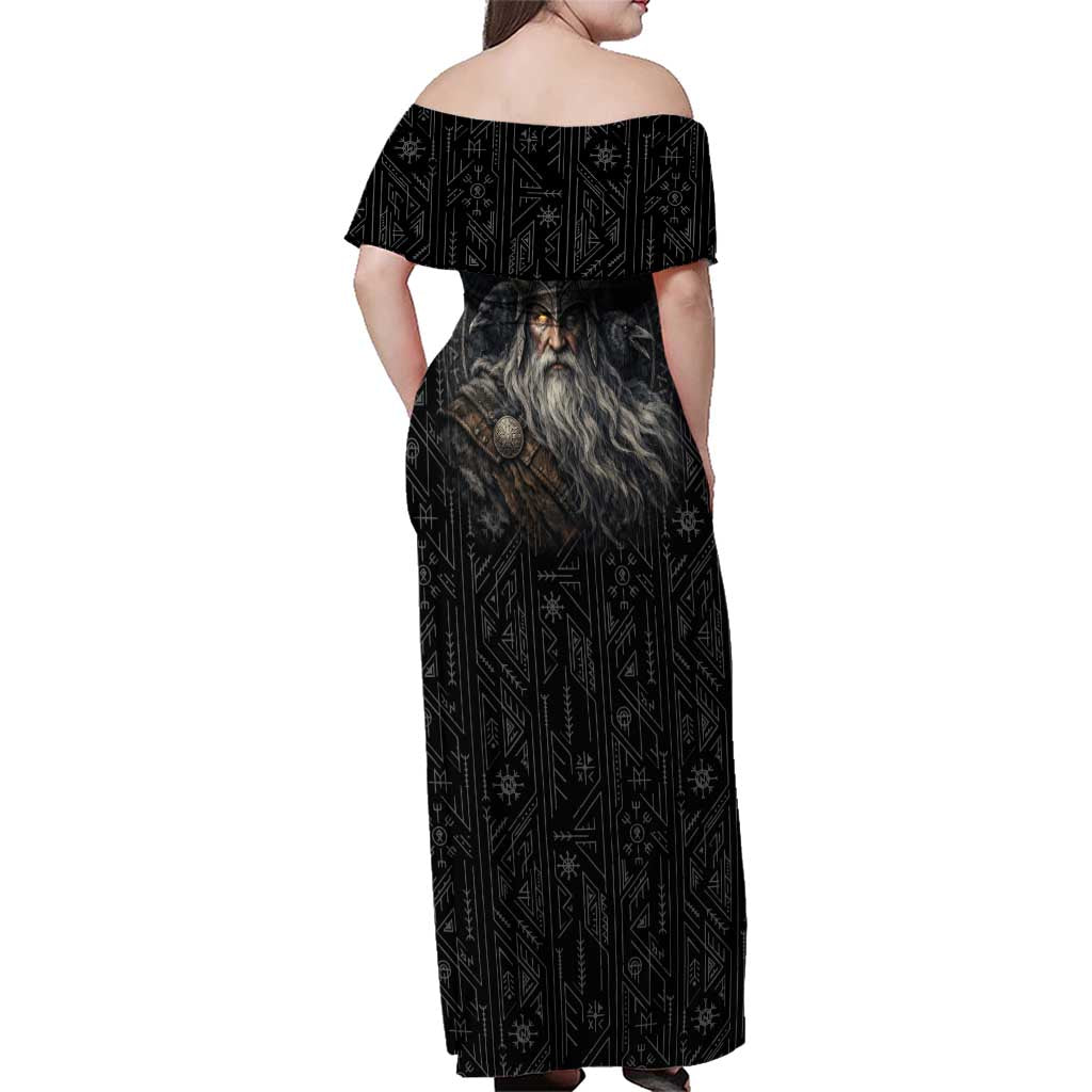 Vikings Odin Family Matching Off Shoulder Maxi Dress and Hawaiian Shirt with Viking Runes and Ravens Norse Mythology - Wonder Print Shop