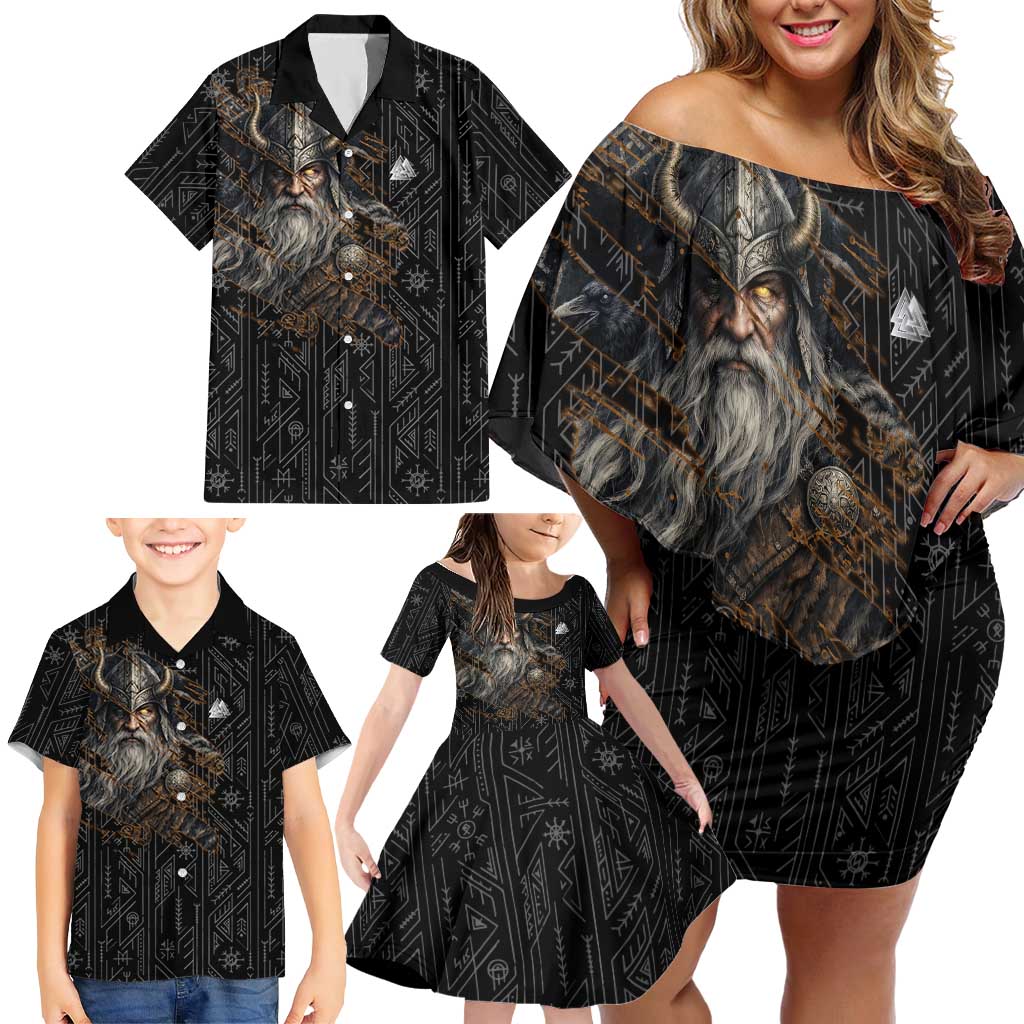 Vikings Odin Family Matching Off Shoulder Short Dress and Hawaiian Shirt with Viking Runes and Ravens Norse Mythology - Wonder Print Shop