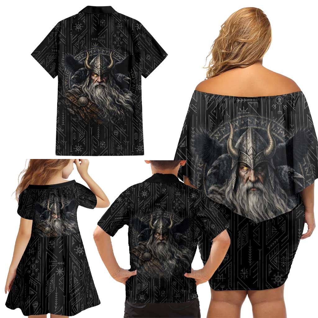 Vikings Odin Family Matching Off Shoulder Short Dress and Hawaiian Shirt with Viking Runes and Ravens Norse Mythology - Wonder Print Shop