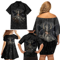Vikings Odin Family Matching Off Shoulder Short Dress and Hawaiian Shirt with Viking Runes and Ravens Norse Mythology - Wonder Print Shop
