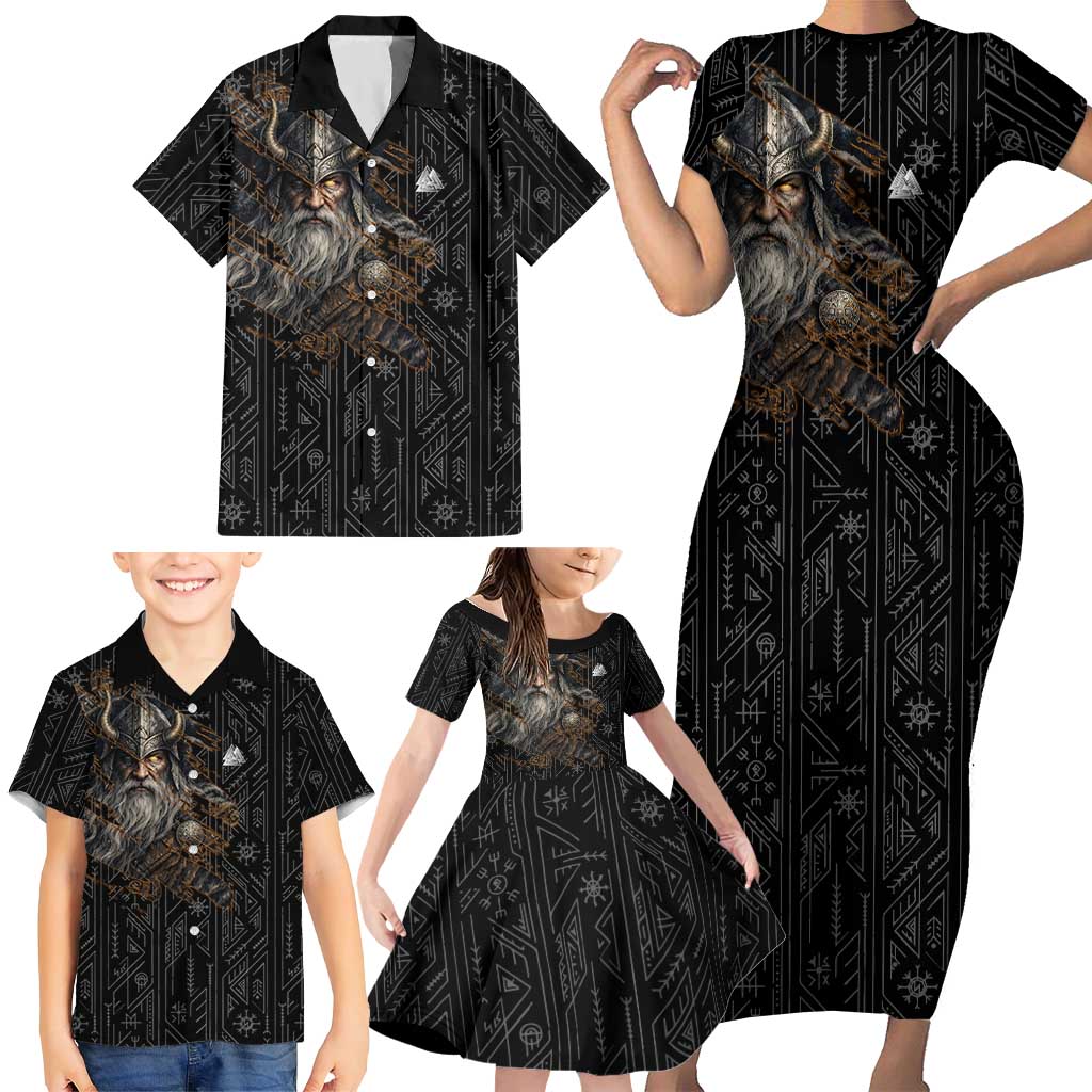 Vikings Odin Family Matching Short Sleeve Bodycon Dress and Hawaiian Shirt with Viking Runes and Ravens Norse Mythology - Wonder Print Shop