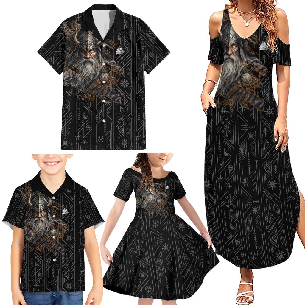 Vikings Odin Family Matching Summer Maxi Dress and Hawaiian Shirt with Viking Runes and Ravens Norse Mythology - Wonder Print Shop