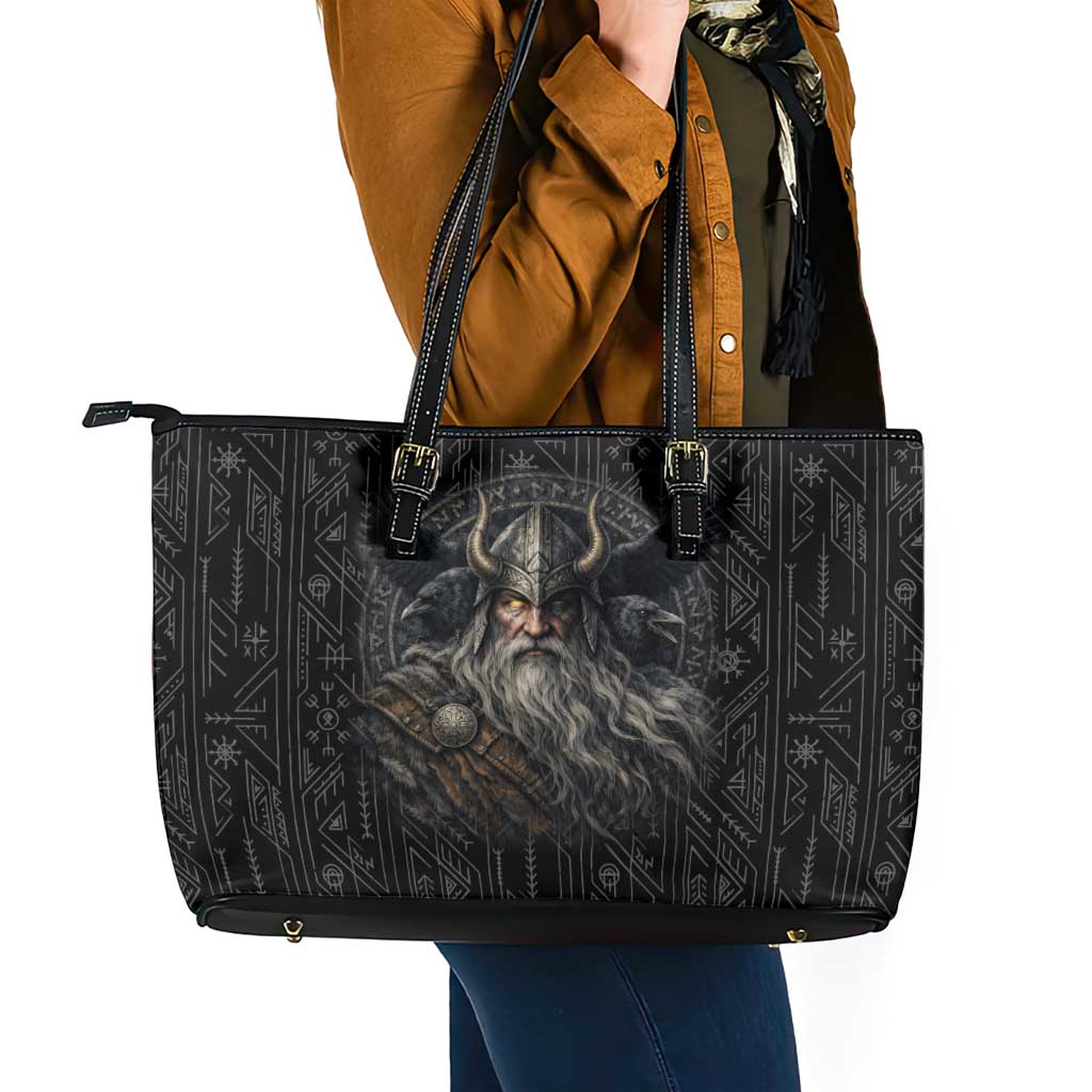 Vikings Odin Leather Tote Bag with Viking Runes and Ravens Norse Mythology - Wonder Print Shop
