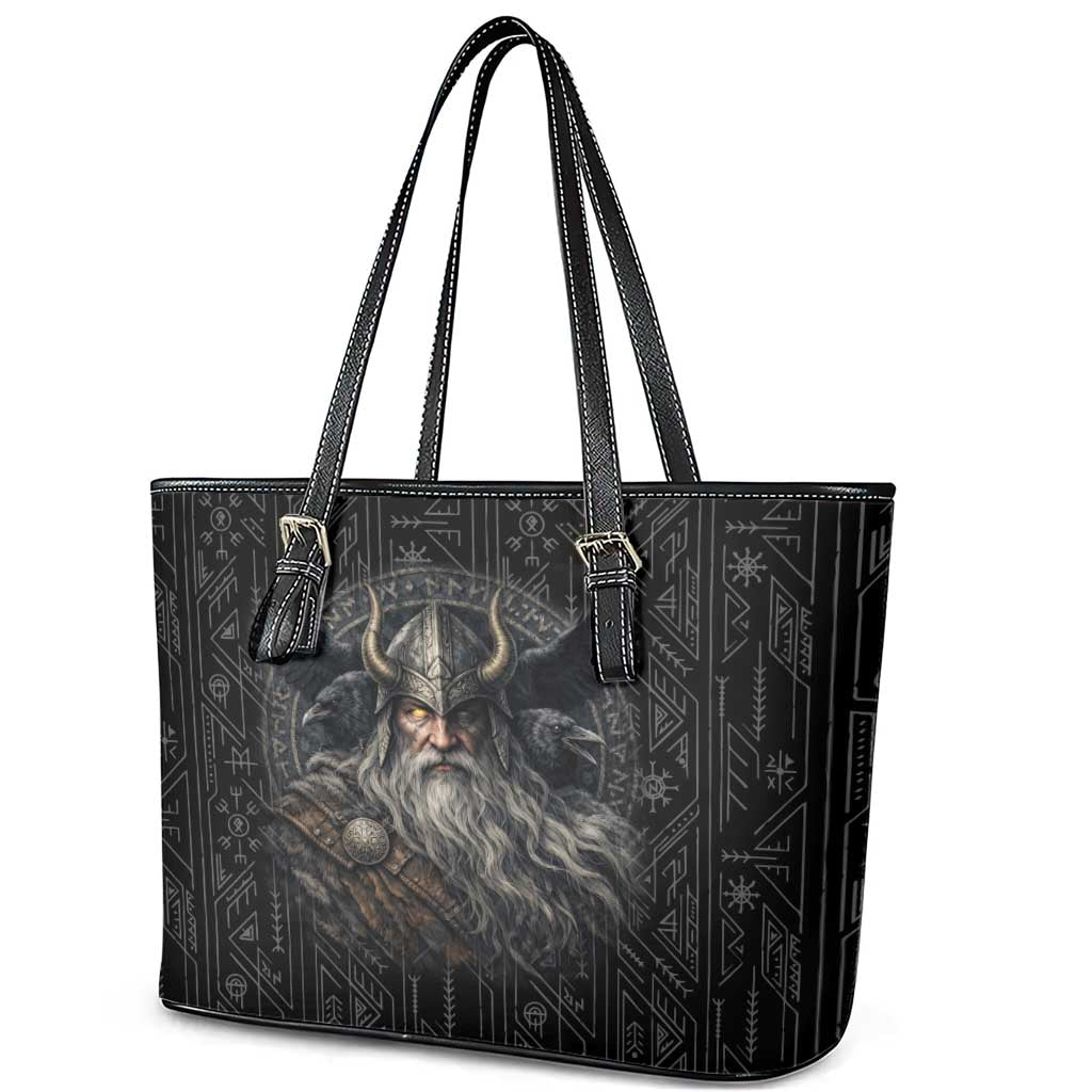 Vikings Odin Leather Tote Bag with Viking Runes and Ravens Norse Mythology - Wonder Print Shop