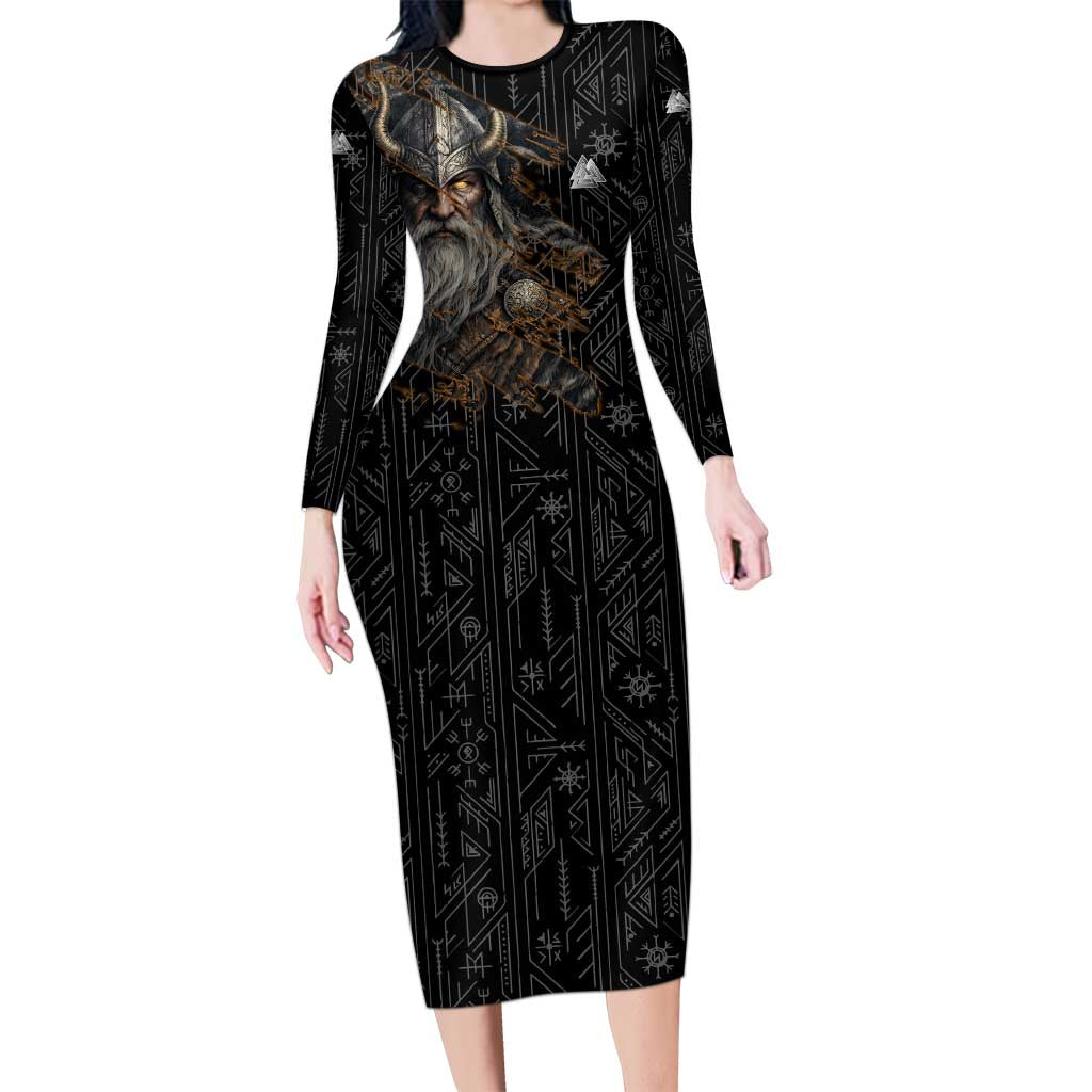 Vikings Odin Long Sleeve Bodycon Dress with Viking Runes and Ravens Norse Mythology - Wonder Print Shop