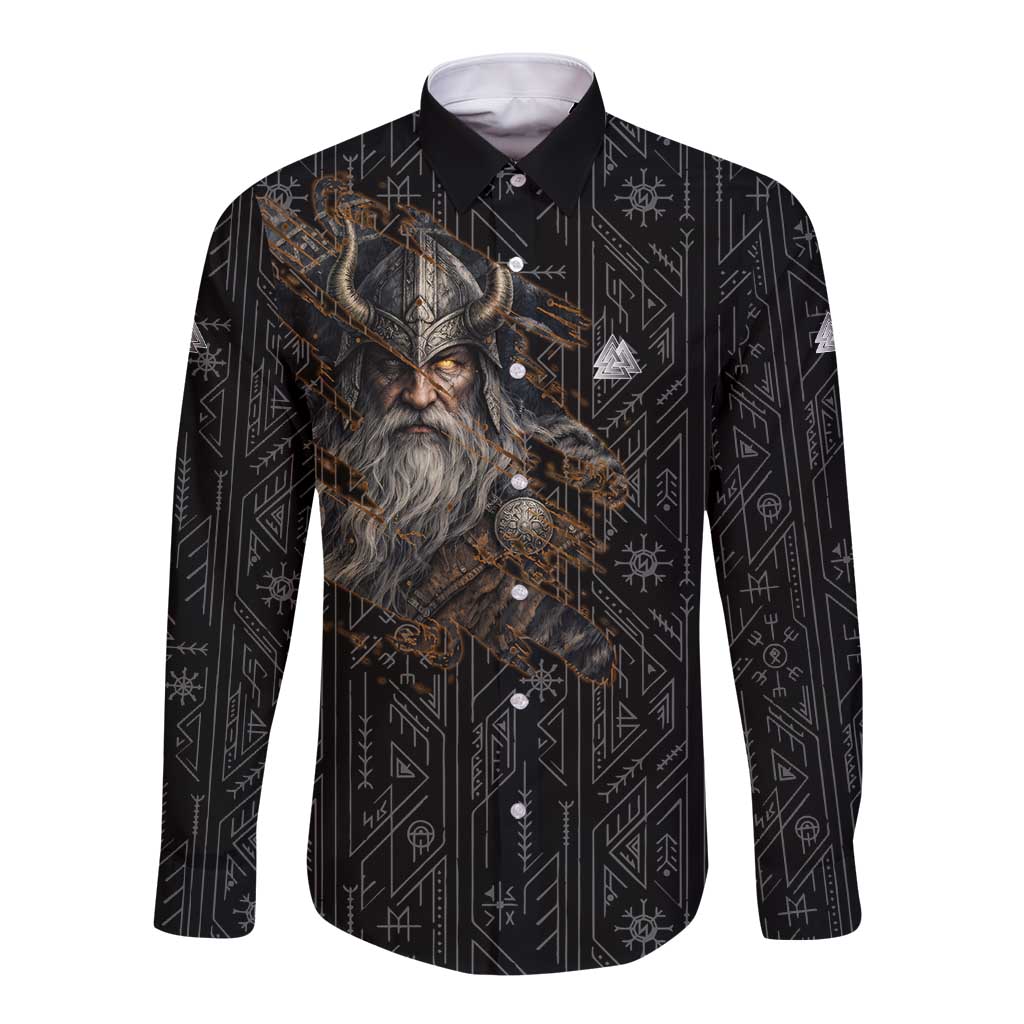 Vikings Odin Long Sleeve Button Shirt with Viking Runes and Ravens Norse Mythology - Wonder Print Shop