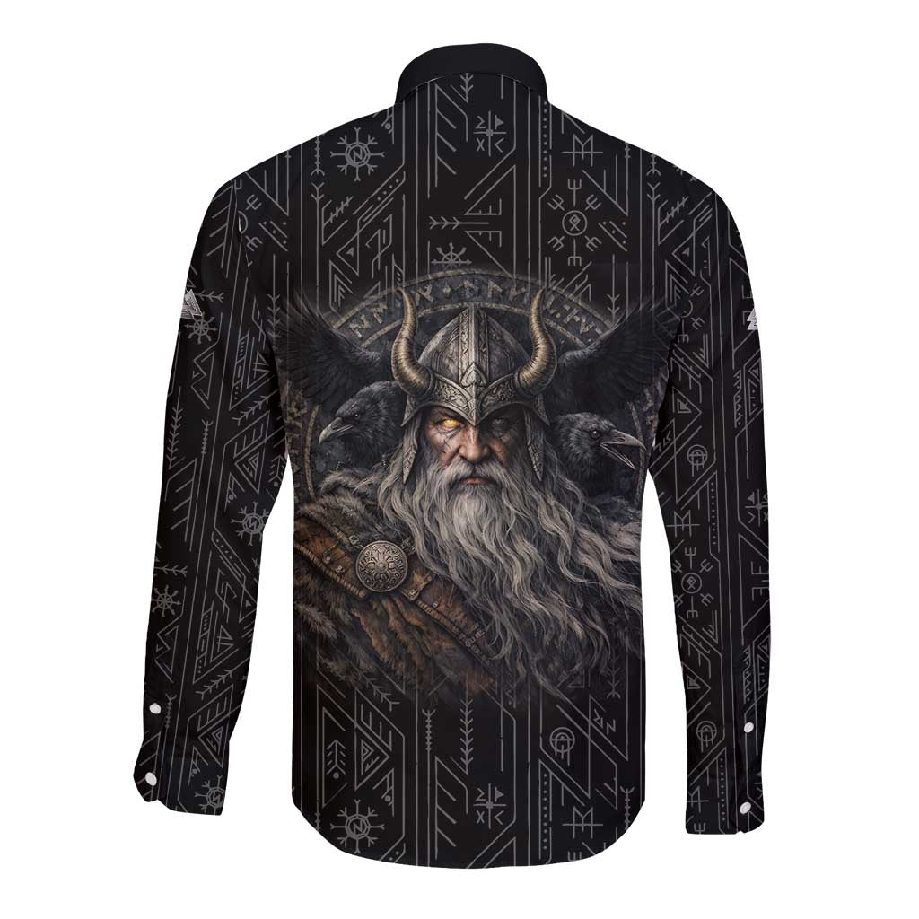 Vikings Odin Long Sleeve Button Shirt with Viking Runes and Ravens Norse Mythology - Wonder Print Shop