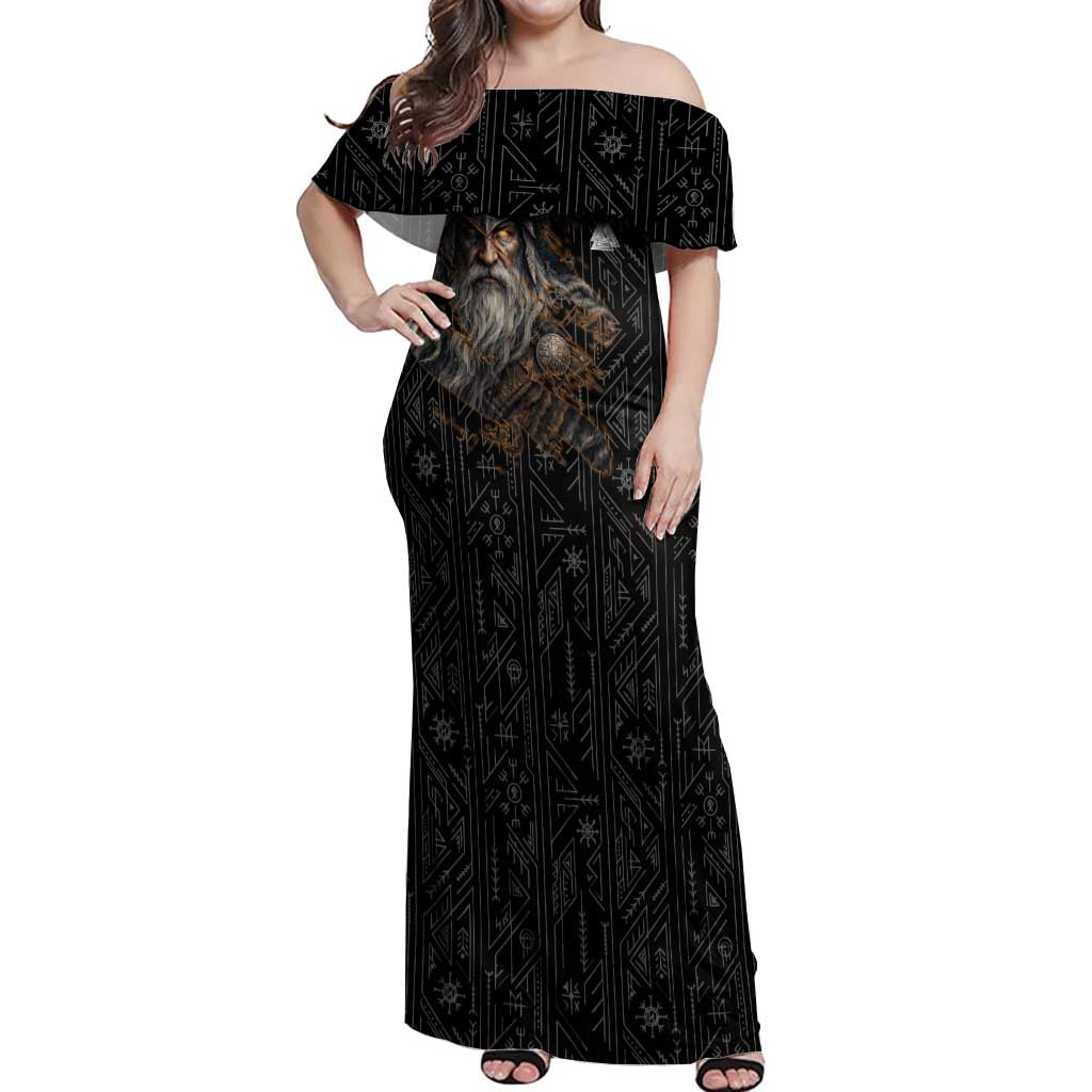 Vikings Odin Off Shoulder Maxi Dress with Viking Runes and Ravens Norse Mythology - Wonder Print Shop
