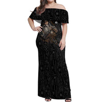 Vikings Odin Off Shoulder Maxi Dress with Viking Runes and Ravens Norse Mythology - Wonder Print Shop