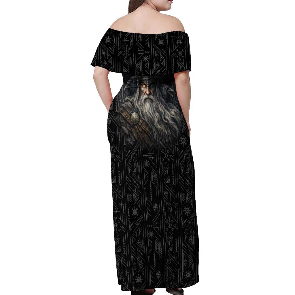 Vikings Odin Off Shoulder Maxi Dress with Viking Runes and Ravens Norse Mythology - Wonder Print Shop