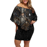 Vikings Odin Off Shoulder Short Dress with Viking Runes and Ravens Norse Mythology - Wonder Print Shop