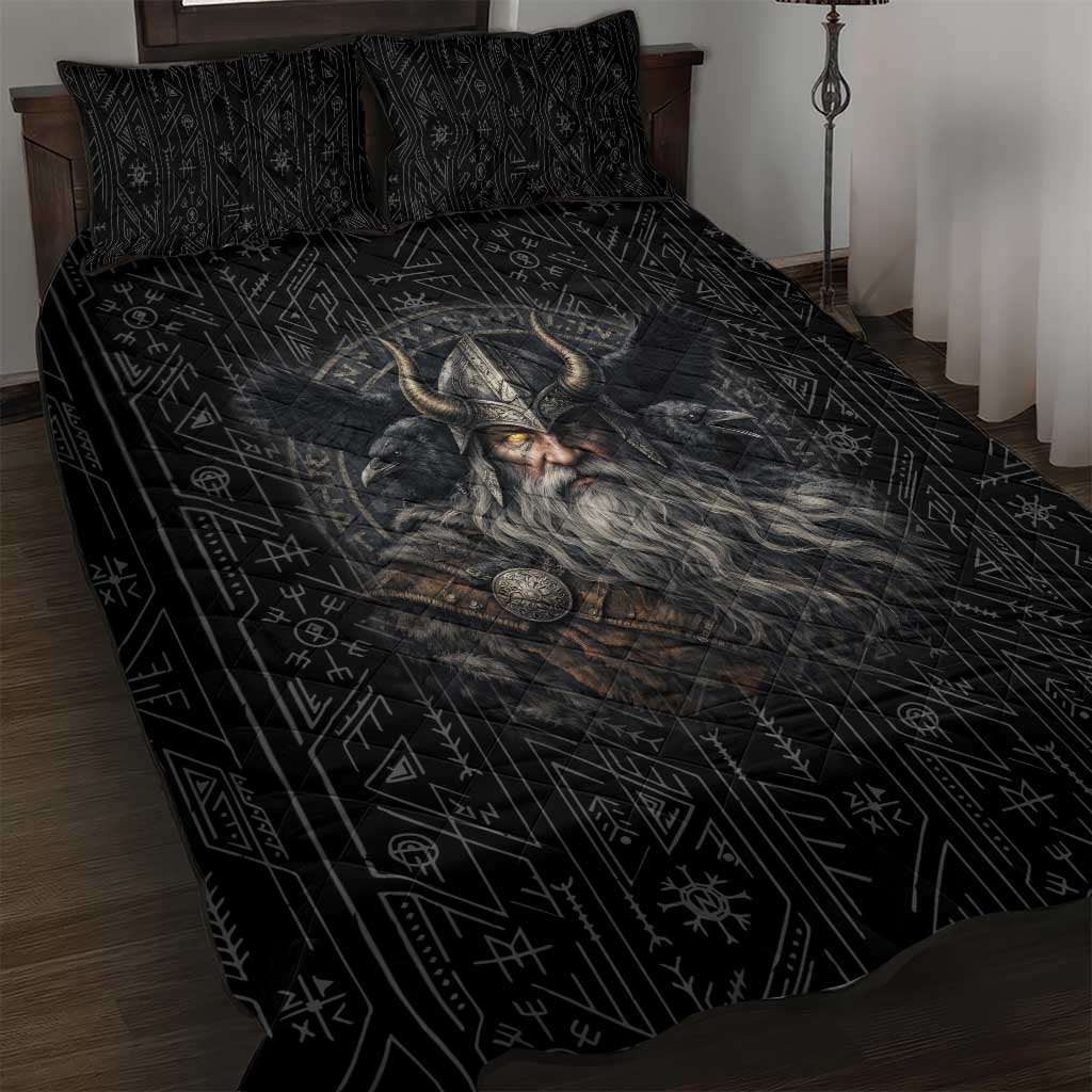 Vikings Odin Quilt Bed Set with Viking Runes and Ravens Norse Mythology - Wonder Print Shop