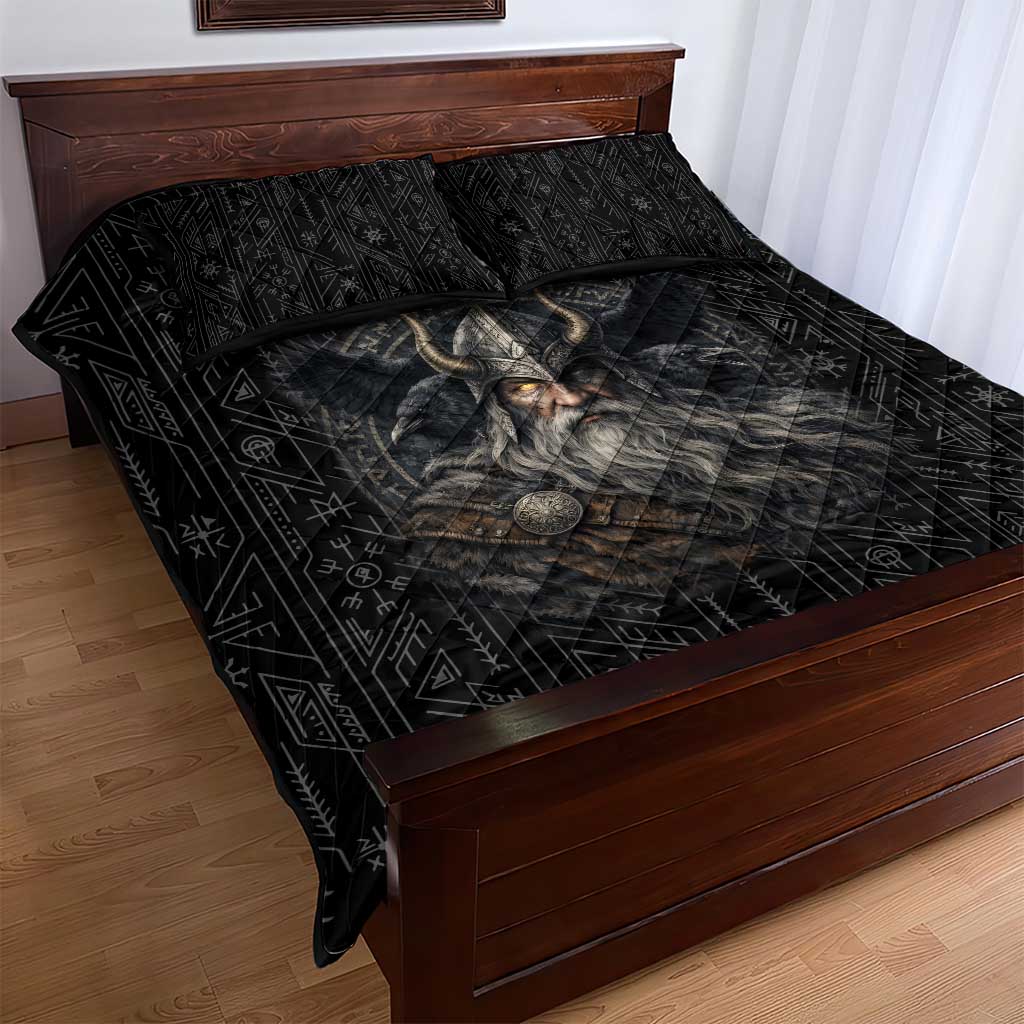 Vikings Odin Quilt Bed Set with Viking Runes and Ravens Norse Mythology - Wonder Print Shop