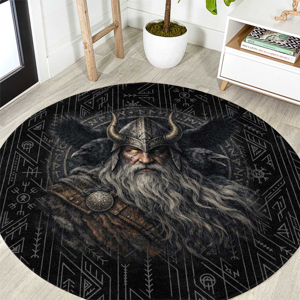 Vikings Odin Round Carpet with Viking Runes and Ravens Norse Mythology - Wonder Print Shop