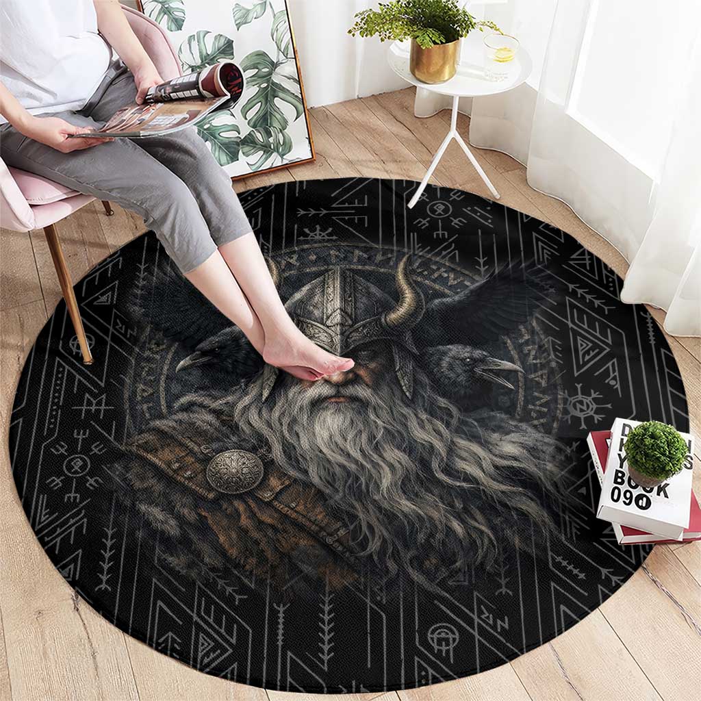 Vikings Odin Round Carpet with Viking Runes and Ravens Norse Mythology - Wonder Print Shop