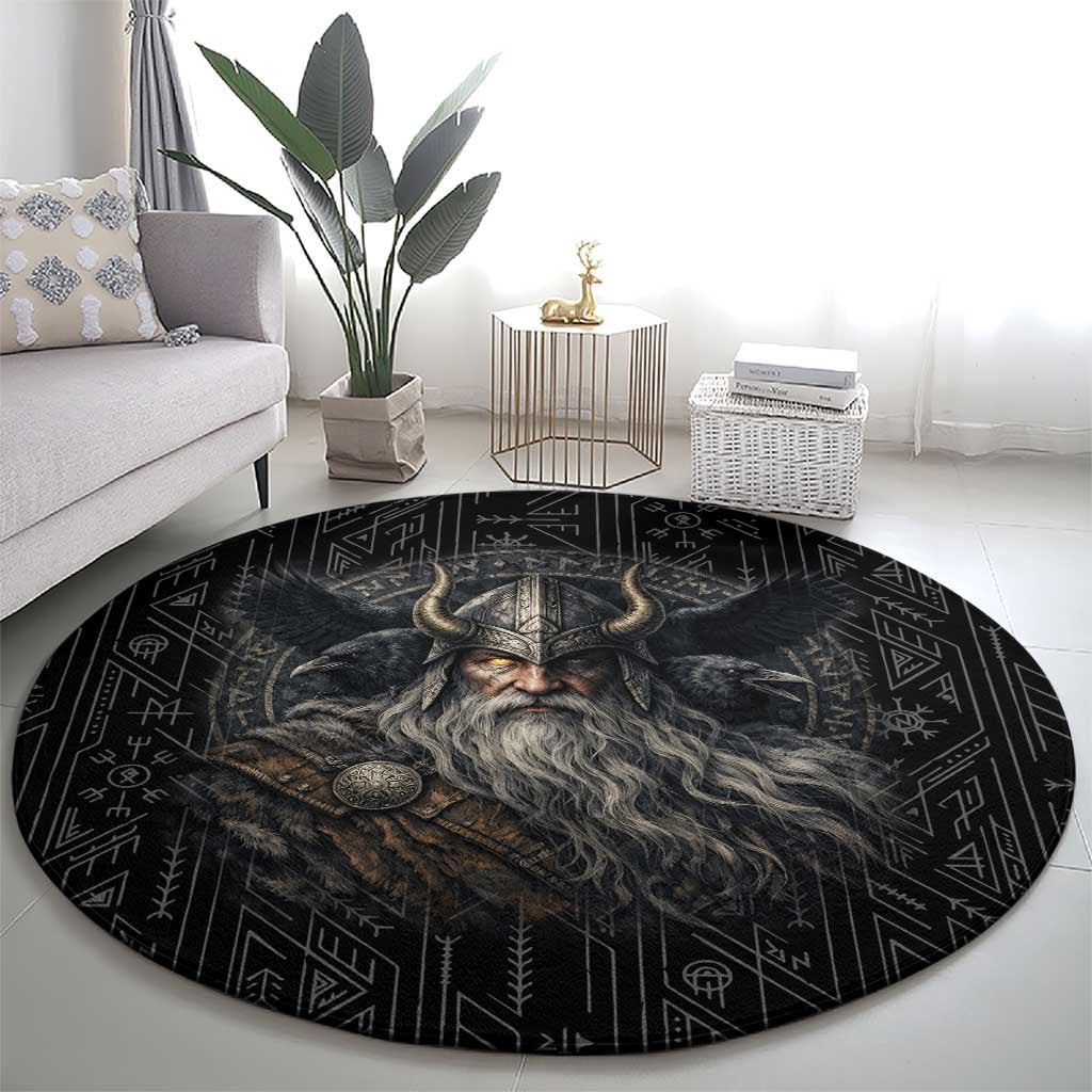 Vikings Odin Round Carpet with Viking Runes and Ravens Norse Mythology - Wonder Print Shop