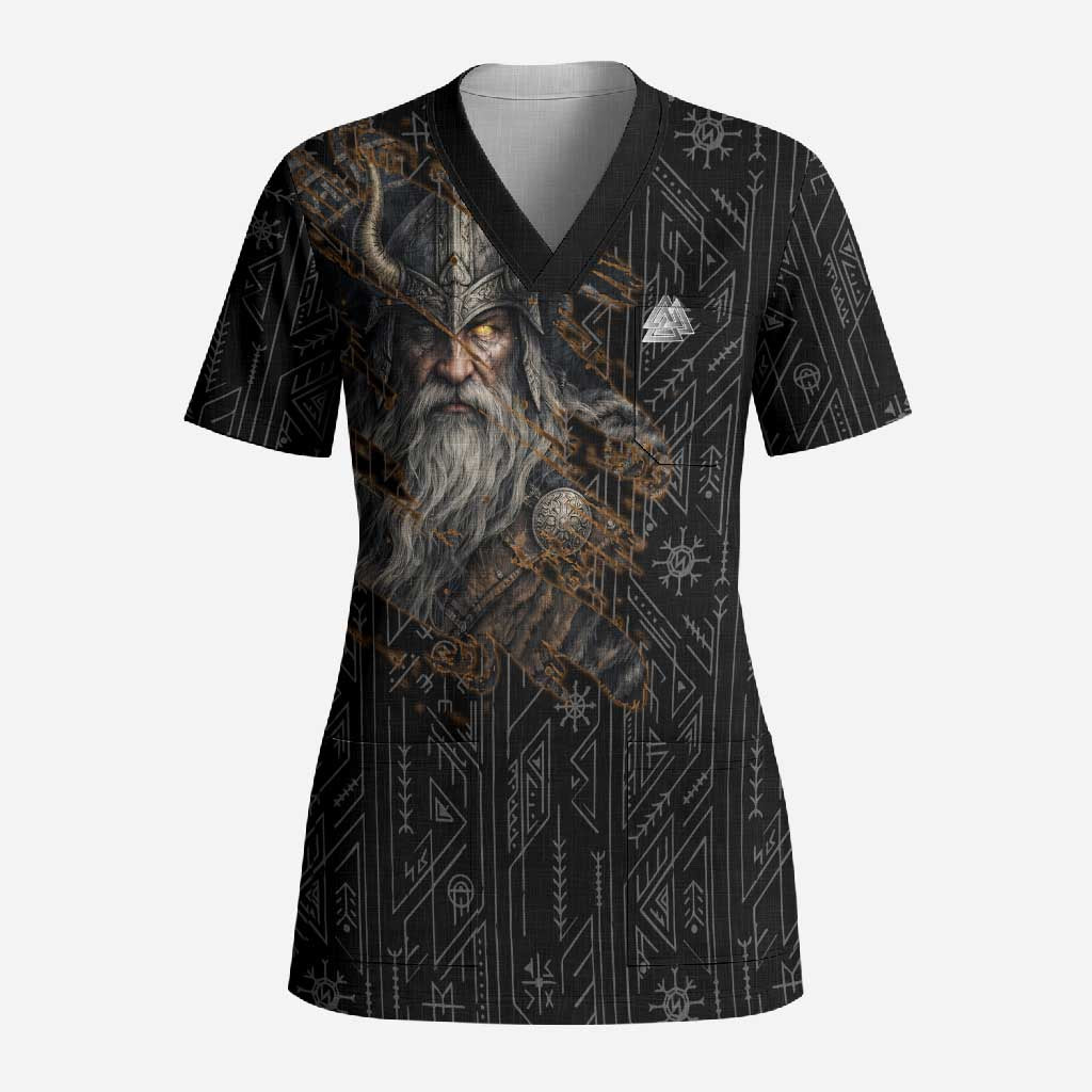Vikings Odin Scrub Top with Viking Runes and Ravens Norse Mythology - Wonder Print Shop