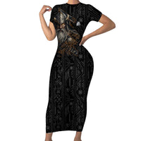 Vikings Odin Short Sleeve Bodycon Dress with Viking Runes and Ravens Norse Mythology - Wonder Print Shop
