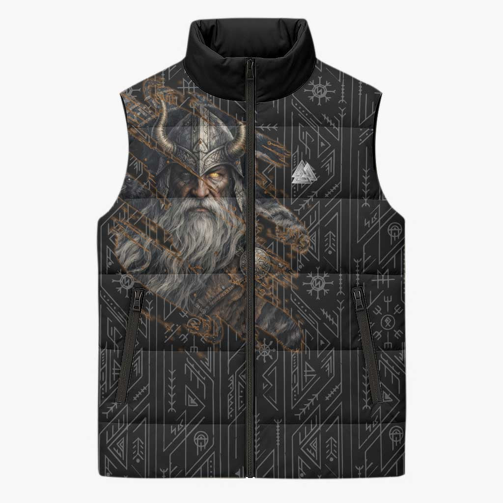Vikings Odin Sleeveless Puffer Jacket with Viking Runes and Ravens Norse Mythology - Wonder Print Shop